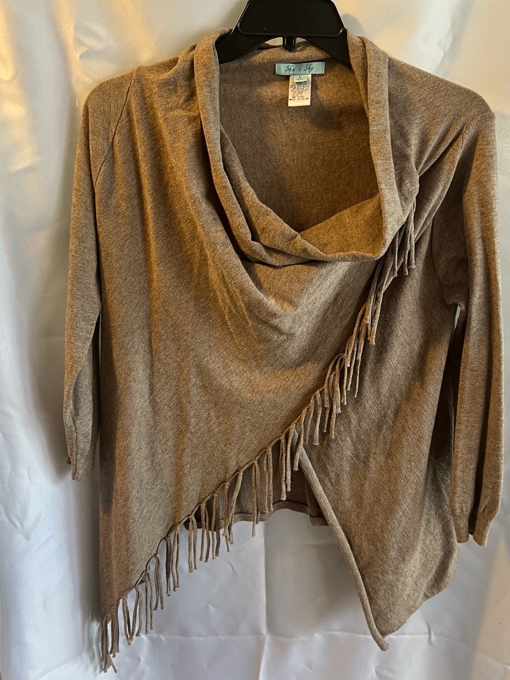 She + Sky Taupe Fringe Asymmetric Cowl Sweater Poncho